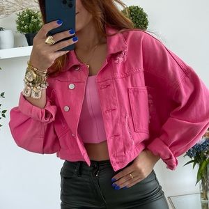 Rhinestone fringe denim jacket (hot pink)